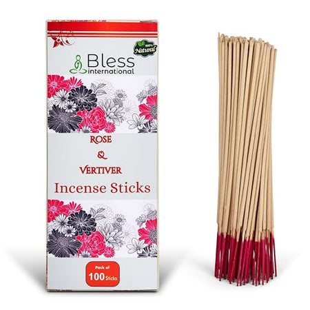 Bless International Rose and Vertiver 100%-Natural-Incense-Sticks Handmade-Hand-Dipped Organic-Chemicals-Free for-Purification-Relaxation-Positivity-Yoga-Meditation