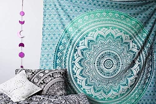 Bless International Indian Traditional Mandala Hippie Wall Hanging, Cotton Tapestry Ombre Bohemian Bedspread (Classic Green Ombre)