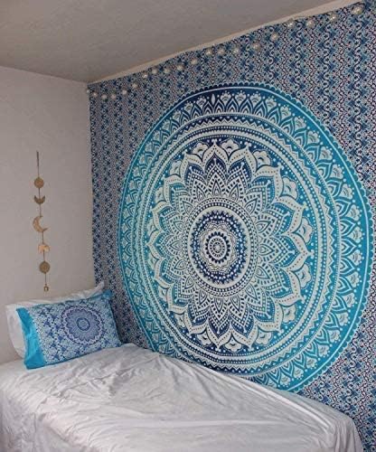 Bless International Indian Traditional Mandala Hippie Wall Hanging, Cotton Tapestry Ombre Bohemian Bedspread (Blue Ombre)