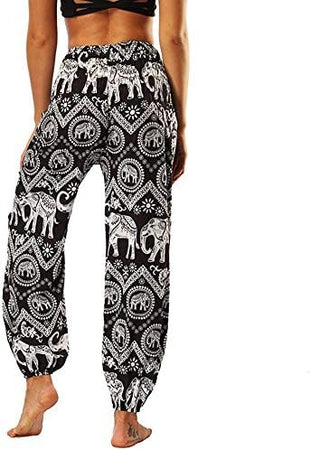 Bless International Women's Rayon Print Smocked Waist Boho Pant Harem Yoga Hippie Palazzo Summer Beach Pants