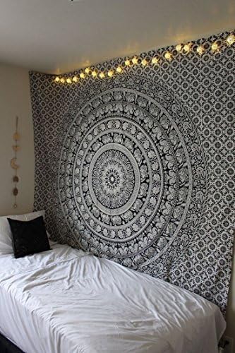 Bless International Handmade Indian hippie Bohemian Psychedelic Elephant Mandala Wall hanging College Dorm Beach Throws Table Cloth Bedding Tapestry (Black And White)