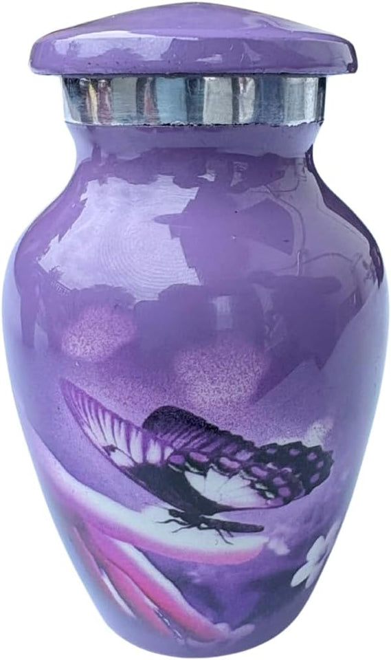 Hand Engraved Small Decorative Brass Urn with Lid – 3" Mini Keepsake Urn (Purple Butterfly)