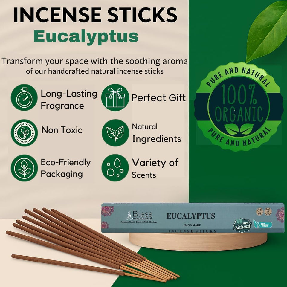 100% Natural Incense Sticks Handmade Hand Dipped The Best Scent (Eucalyptus)