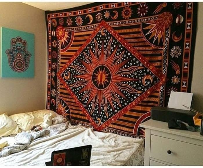 Bless International Handmade Indian hippie Bohemian Psychedelic Celestial Sun Moon Wall hanging College Dorm Beach Throws Table Cloth Bedding Tapestry (Golden Orange)