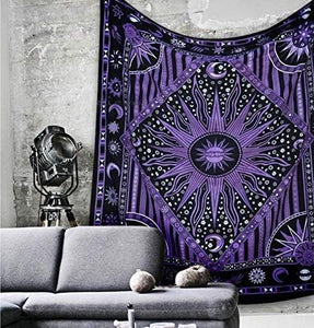 Bless International Handmade Indian hippie Bohemian Psychedelic Celestial Sun Moon Wall hanging College Dorm Beach Throws Table Cloth Bedding Tapestry (Purple)