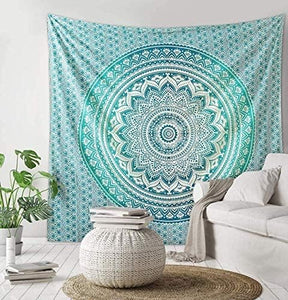 Bless International Indian Traditional Mandala Hippie Wall Hanging, Cotton Tapestry Ombre Bohemian Bedspread (Classic Green Ombre)