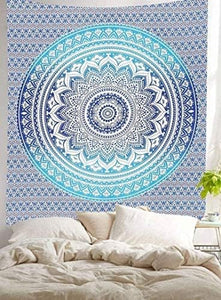 Bless International Indian Traditional Mandala Hippie Wall Hanging, Cotton Tapestry Ombre Bohemian Bedspread (Blue Ombre)