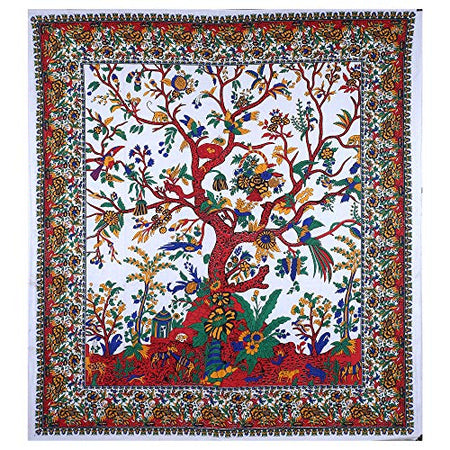 Bless international Tapestry Tree of Life Wall Hanging Psychedelic Tapestries Indian Cotton Bedspread Picnic Sheet Wall Decor Blanket Wall Art Hippie Bedroom Decor (White Red)