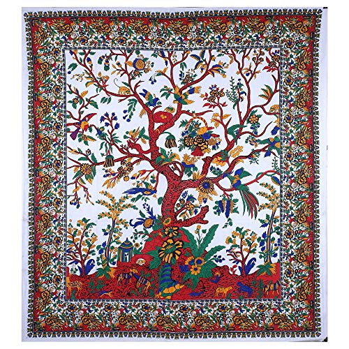 Bless international Tapestry Tree of Life Wall Hanging Psychedelic Tapestries Indian Cotton Bedspread Picnic Sheet Wall Decor Blanket Wall Art Hippie Bedroom Decor (White Red)