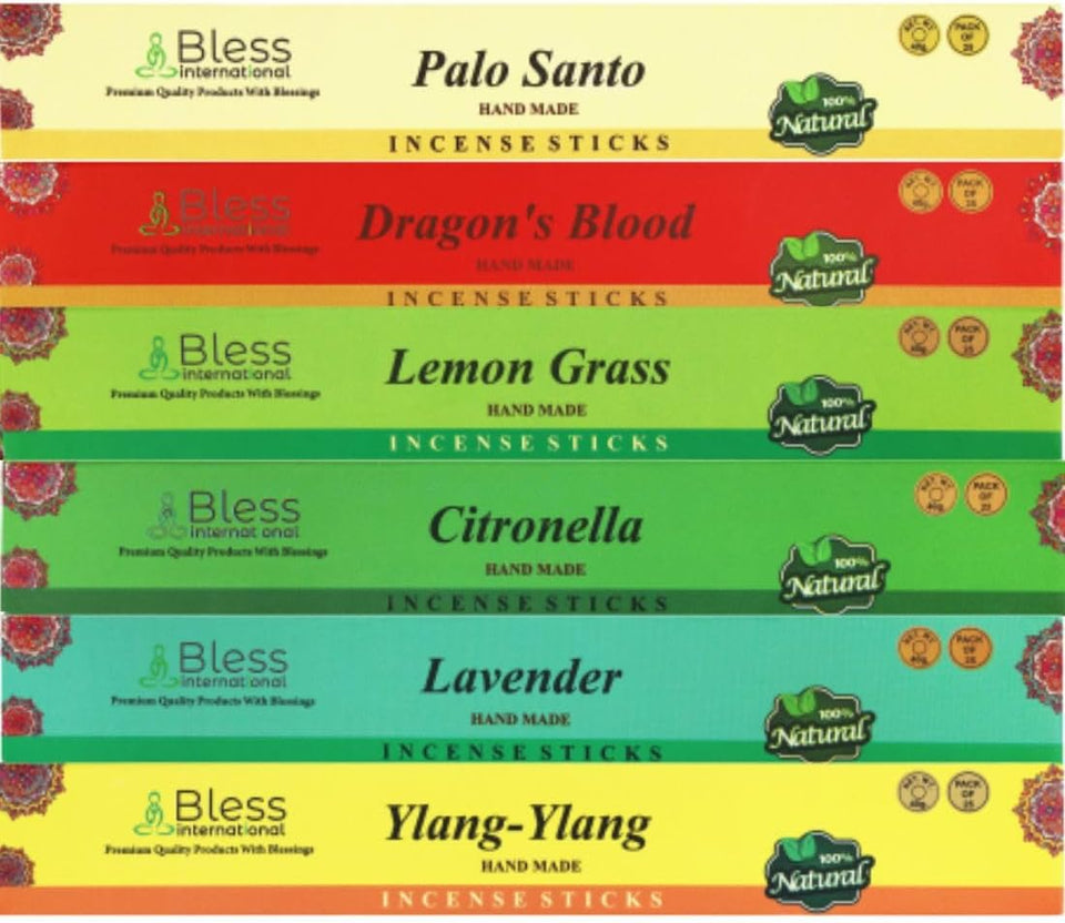 Bless-International Best-Assorted-21-Scents-Gift-Pack for-Purification-Relaxation-Positivity-Yoga-Meditation-Frankincense-and-Myrrh-Patchouli-Sandalwood-Palo-Santo-and-More (25 Sticks of Each Scent)