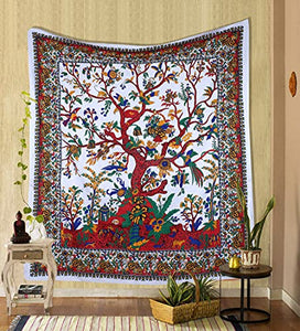 Bless international Tapestry Tree of Life Wall Hanging Psychedelic Tapestries Indian Cotton Bedspread Picnic Sheet Wall Decor Blanket Wall Art Hippie Bedroom Decor (White Red)