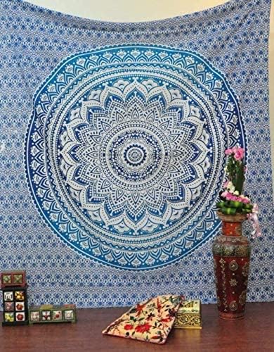 Bless International Indian Traditional Mandala Hippie Wall Hanging, Cotton Tapestry Ombre Bohemian Bedspread (Blue Ombre)