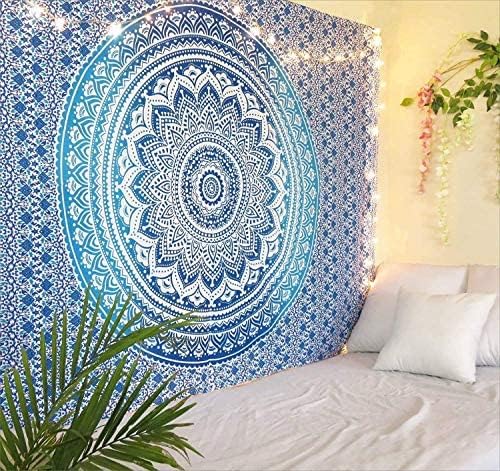 Bless International Indian Traditional Mandala Hippie Wall Hanging, Cotton Tapestry Ombre Bohemian Bedspread (Blue Ombre)