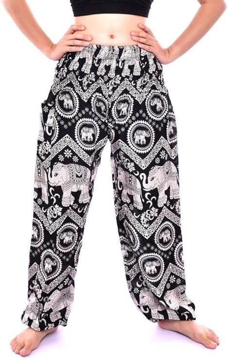 Bless International Women's Rayon Print Smocked Waist Boho Pant Harem Yoga Hippie Palazzo Summer Beach Pants