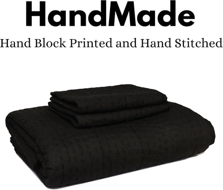 Handmade Organic Cotton Kantha Quilt 3 Pieces Set Black Bedspread (Includes 1 Quilt and 2 Pillow Shams)