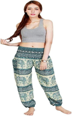 Bless International Women's Rayon Print Smocked Waist Boho Pant Harem Yoga Hippie Palazzo Summer Beach Pants