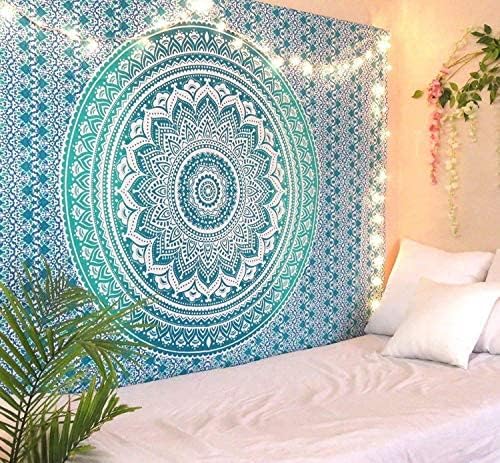 Bless International Indian Traditional Mandala Hippie Wall Hanging, Cotton Tapestry Ombre Bohemian Bedspread (Classic Green Ombre)