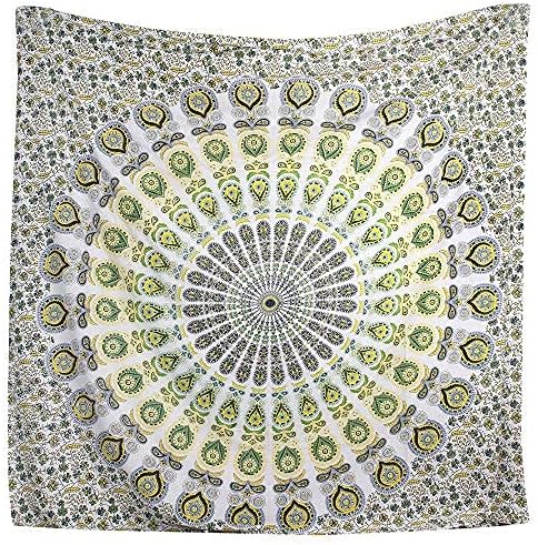 Indian Hippie Bohemian Psychedelic Peacock Mandala Wall Hanging Bedding Tapestry (Blue Green)