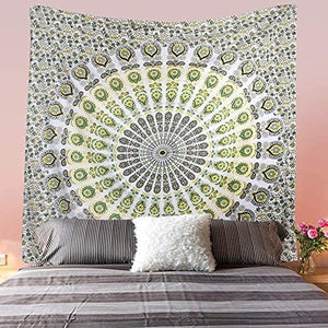 Indian Hippie Bohemian Psychedelic Peacock Mandala Wall Hanging Bedding Tapestry (Blue Green)