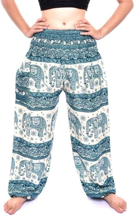 Bless International Women's Rayon Print Smocked Waist Boho Pant Harem Yoga Hippie Palazzo Summer Beach Pants