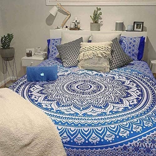 Bless International Indian Traditional Mandala Hippie Wall Hanging, Cotton Tapestry Ombre Bohemian Bedspread (Blue Ombre)