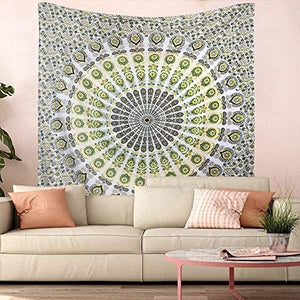 Indian Hippie Bohemian Psychedelic Peacock Mandala Wall Hanging Bedding Tapestry (Blue Green)