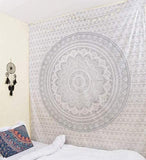 Bless International Indian Traditional Mandala Hippie Wall Hanging, Cotton Tapestry Ombre Bohemian Bedspread (Grey/Silver)