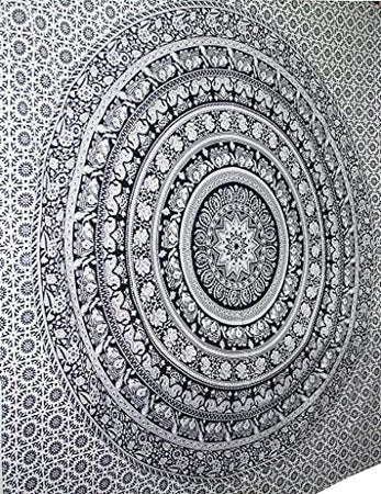 Bless International Handmade Indian hippie Bohemian Psychedelic Elephant Mandala Wall hanging College Dorm Beach Throws Table Cloth Bedding Tapestry (Black And White)