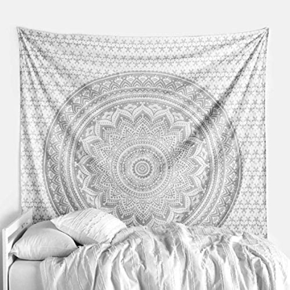 Bless International Indian Traditional Mandala Hippie Wall Hanging, Cotton Tapestry Ombre Bohemian Bedspread (Grey/Silver)