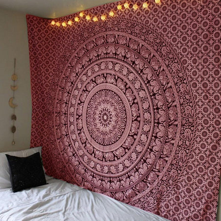 Handmade hippie Bohemian Psychedelic Elephant Mandala Wall hanging Tapestry (Maroon and Silver)