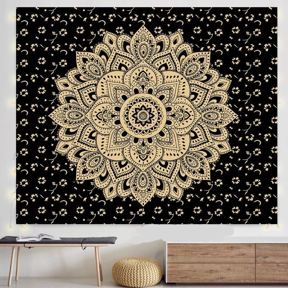 Traditional Mandala Hippie Wall Hanging, Cotton Ombre Tapestry (Black Gold Flower)