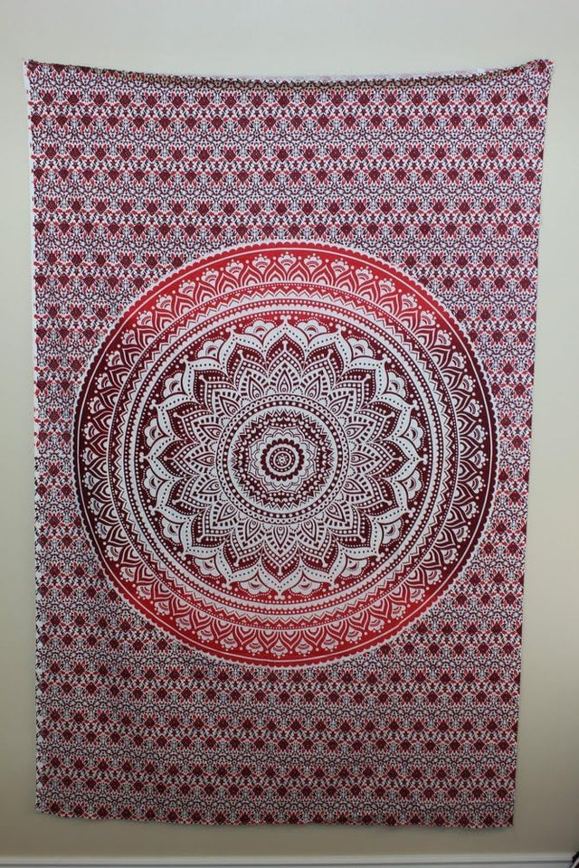 Bless International Indian Traditional Mandala Hippie Wall Hanging, Cotton Tapestry Ombre Bohemian Bedspread (Classic Red)