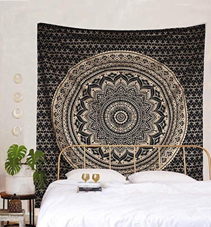 Bless International Indian Traditional Mandala Hippie Wall Hanging, Cotton Tapestry Ombre Bohemian Bedspread (Black Gold Ombre)