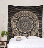 Bless International Indian Traditional Mandala Hippie Wall Hanging, Cotton Tapestry Ombre Bohemian Bedspread (Black Gold Ombre)