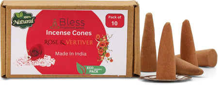 Bless-International 100%-Natural-Incense-Cones Handmade-Hand-Dipped Organic-Chemicals-Free for-Purification-Relaxation-Positivity-Yoga-Meditation (Rose and Vertiver)