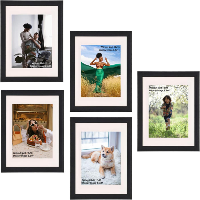 Bless-International-12x16-Photo-Frame Showcase-8.5x11-Photos-With-Mat-Or-12x16-Without-Mat Wall-Mounted-Picture-Frame Elegant-Black-Finish-Set-Of-5