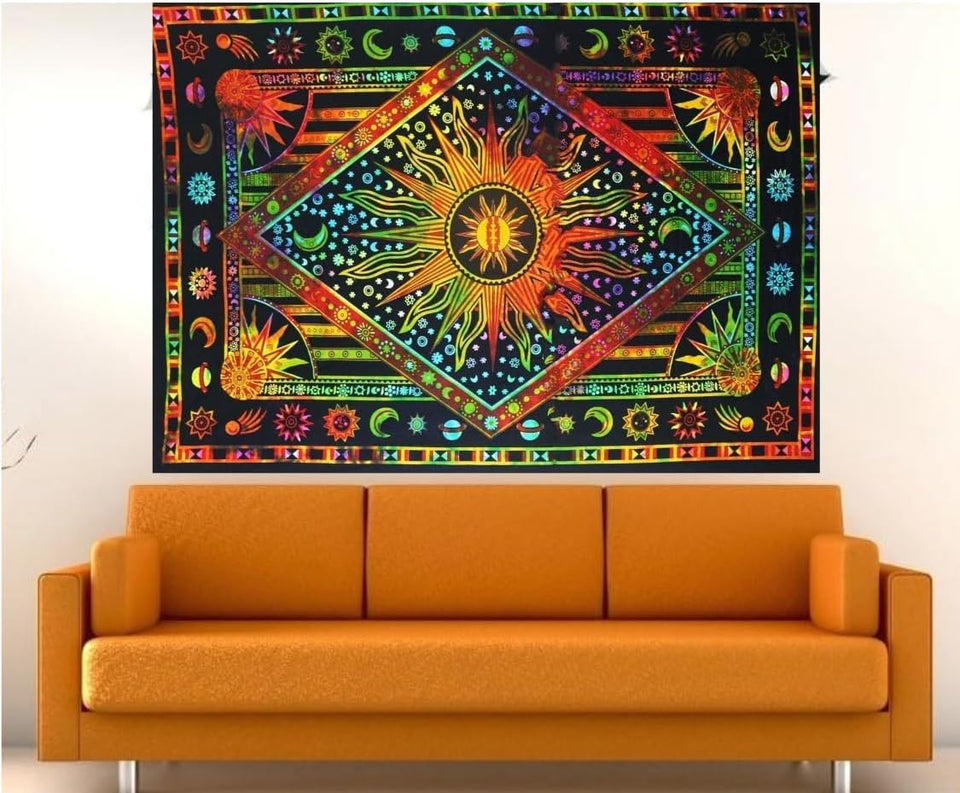 Bless International Handmade Indian hippie Bohemian Psychedelic Celestial Sun Moon Wall hanging College Dorm Beach Throws Table Cloth Bedding Tapestry (Orange Multicoloured)