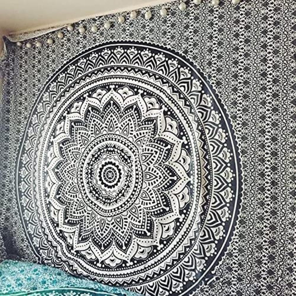 Bless International Indian Traditional Mandala Hippie Wall Hanging, Cotton Tapestry Ombre Bohemian Bedspread (Grey/Black)