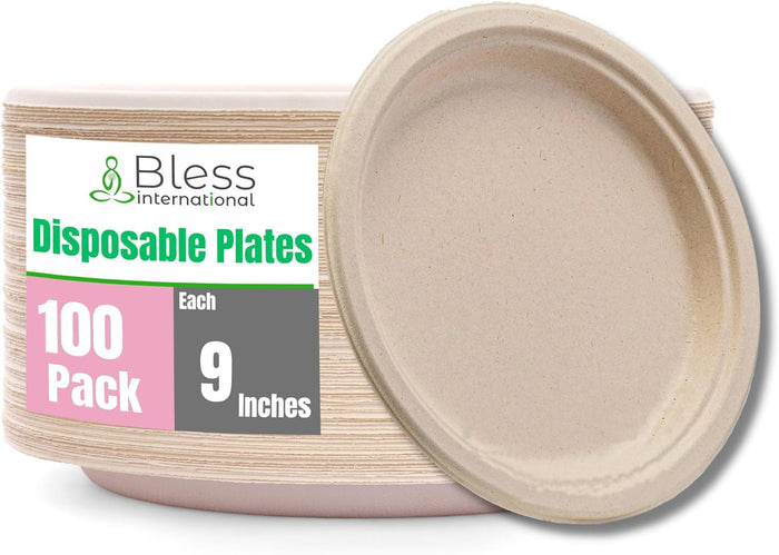 Bless International 9-Inches Biodegradable-Paper-Plates Sustainable-Disposable-Compostable-Heavy-Duty Perfect-For-Lunch-Dinner-Picnics-Parties-Crafted-From-Natural-Sugarcane-Bagasse