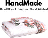 Handmade Organic Cotton Kantha Quilt 3-Pieces Set White Red Bedspread (Includes 1 Quilt and 2 Pillow Shams)