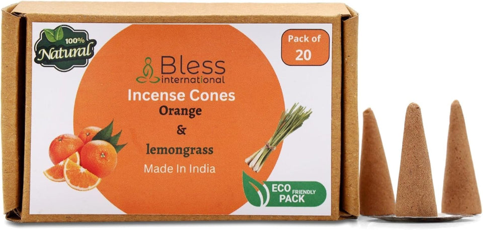 Bless-International 100%-Natural-Incense-Cones Handmade-Hand-Dipped Organic-Chemicals-Free for-Purification-Relaxation-Positivity-Yoga-Meditation (Orange and Lemongrass)