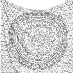 Bless International Indian Traditional Mandala Hippie Wall Hanging, Cotton Tapestry Ombre Bohemian Bedspread (Grey/Silver)