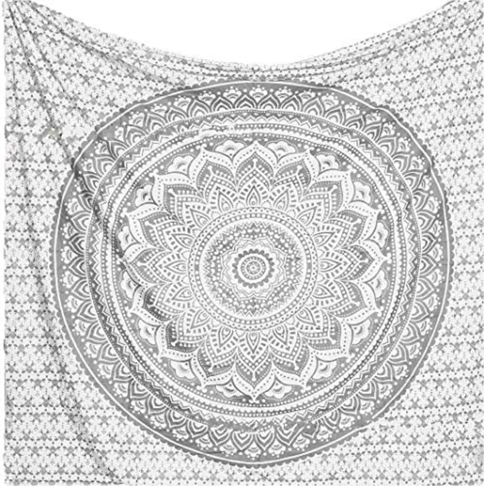 Bless International Indian Traditional Mandala Hippie Wall Hanging, Cotton Tapestry Ombre Bohemian Bedspread (Grey/Silver)