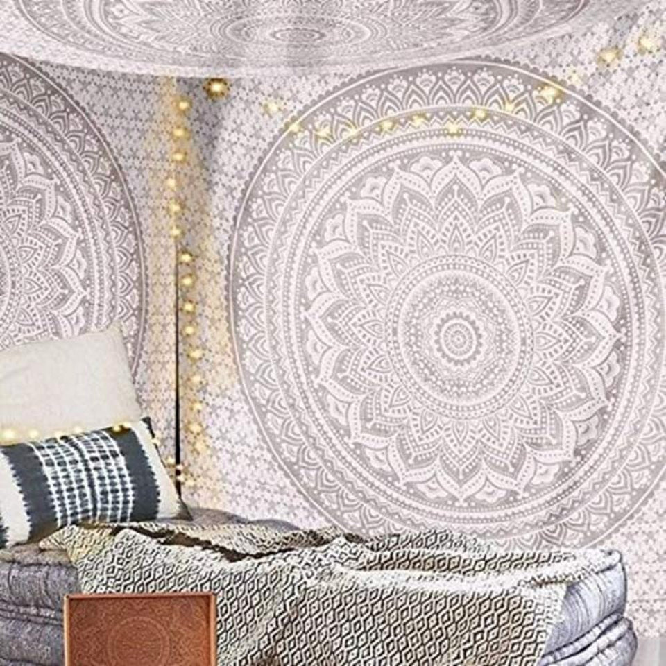 Bless International Indian Traditional Mandala Hippie Wall Hanging, Cotton Tapestry Ombre Bohemian Bedspread (Grey/Silver)