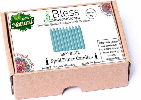 Bless-International-Spell-Taper-Candles 40-Pack-Sky-Blue-Colored-smokeless-dripless-Long-Lasting Plant-Based-Natural-Organic-Palm-Wax Christmas-Home-Decor-Halloween-Church-Wedding-Restaurant