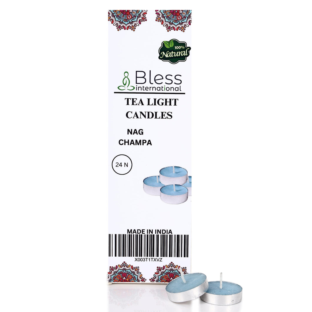 Bless-International Nag-Champa-tea-light-candles 24-pack-colored-smokeless-dripless-long-lasting Plant-based-natural-organic-with-palm-wax Aromatherapy-creating-mood-enhancing-atmosphere