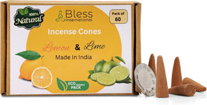 Bless-International 100%-Natural-Incense-Cones Handmade-Hand-Dipped Organic-Chemicals-Free for-Purification-Relaxation-Positivity-Yoga-Meditation (Lemon and Lime)