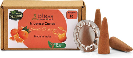 Bless-International 100%-Natural-Incense-Cones Handmade-Hand-Dipped Organic-Chemicals-Free for-Purification-Relaxation-Positivity-Yoga-Meditation (Sweet Orange))