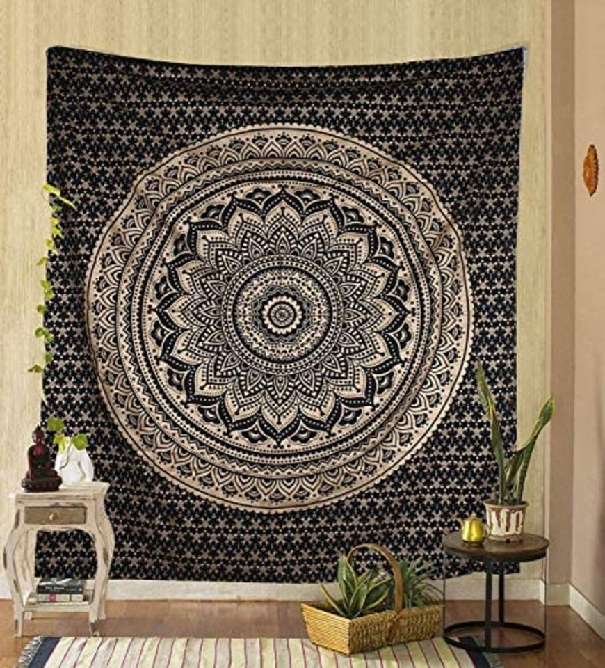 Bless International Indian Traditional Mandala Hippie Wall Hanging, Cotton Tapestry Ombre Bohemian Bedspread (Black Gold Ombre)