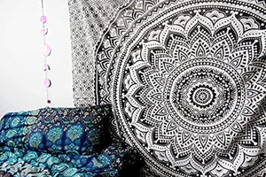 Bless International Indian Traditional Mandala Hippie Wall Hanging, Cotton Tapestry Ombre Bohemian Bedspread (Grey/Black)